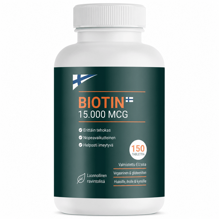 Biotiini 15 000 µg – Erittäin vahvat biotiinikapselit hiusten, ihon ja kynsien hyvinvointiin (300 kpl) - AVABeauty.fi